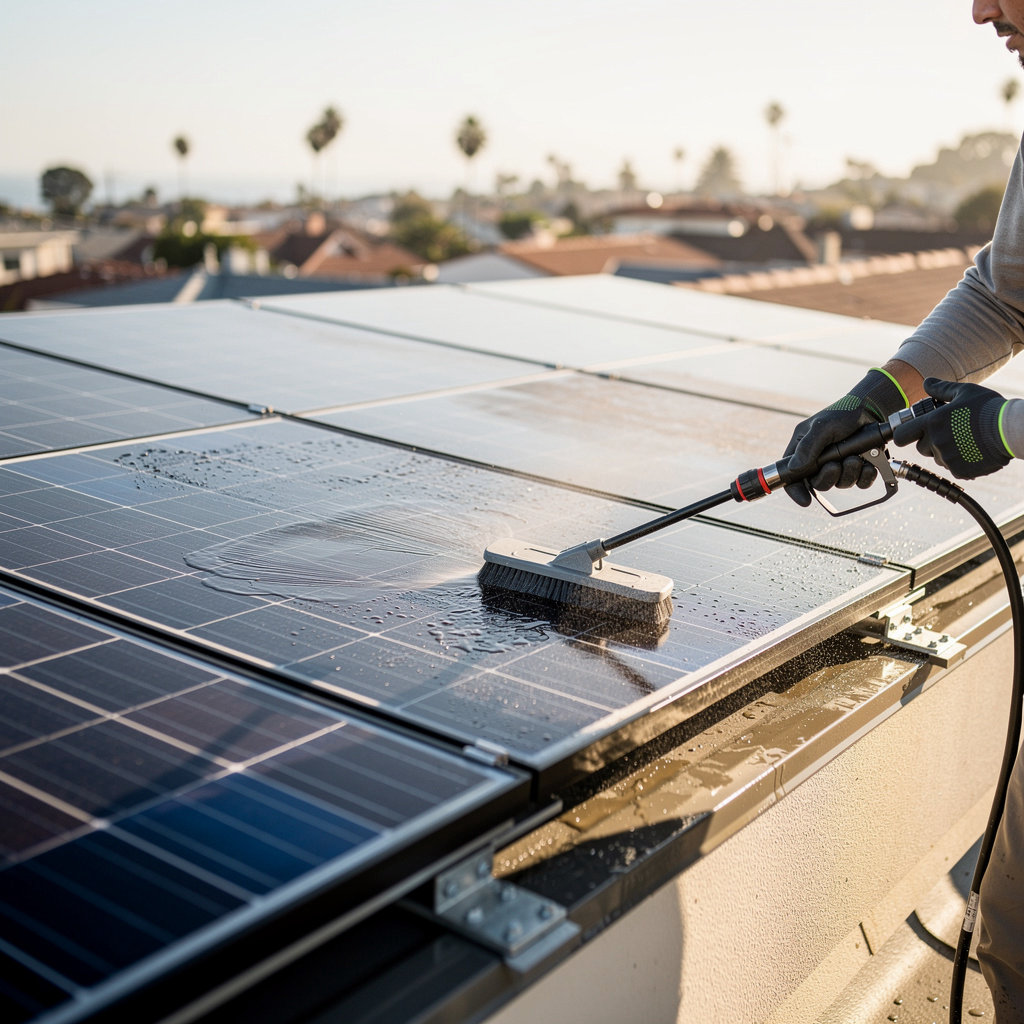 SoCal Solar CleanPros cleaning solar panels on a San Diego home roof, showing the difference between dusty and clean panels