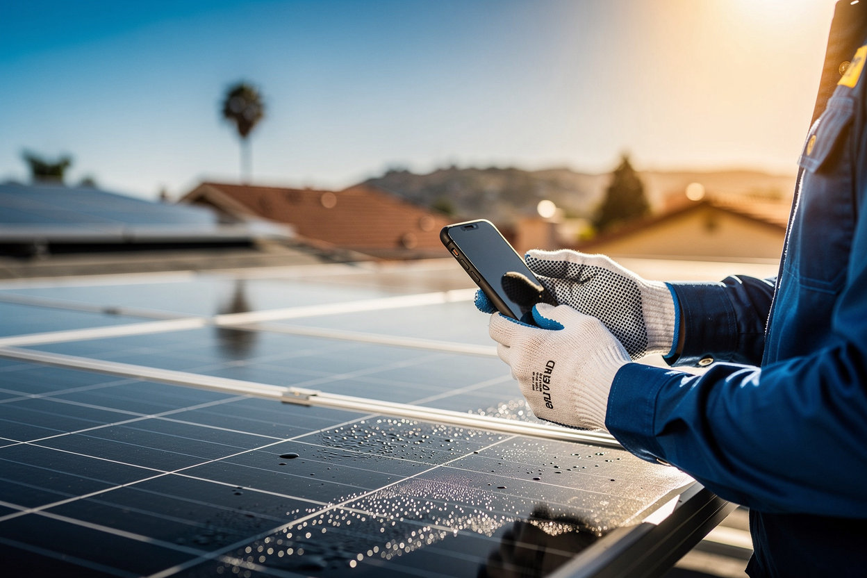 SoCal Solar CleanPros cleaning solar panels under a clear blue San Diego sky, booking a solar panel cleaning in minutes