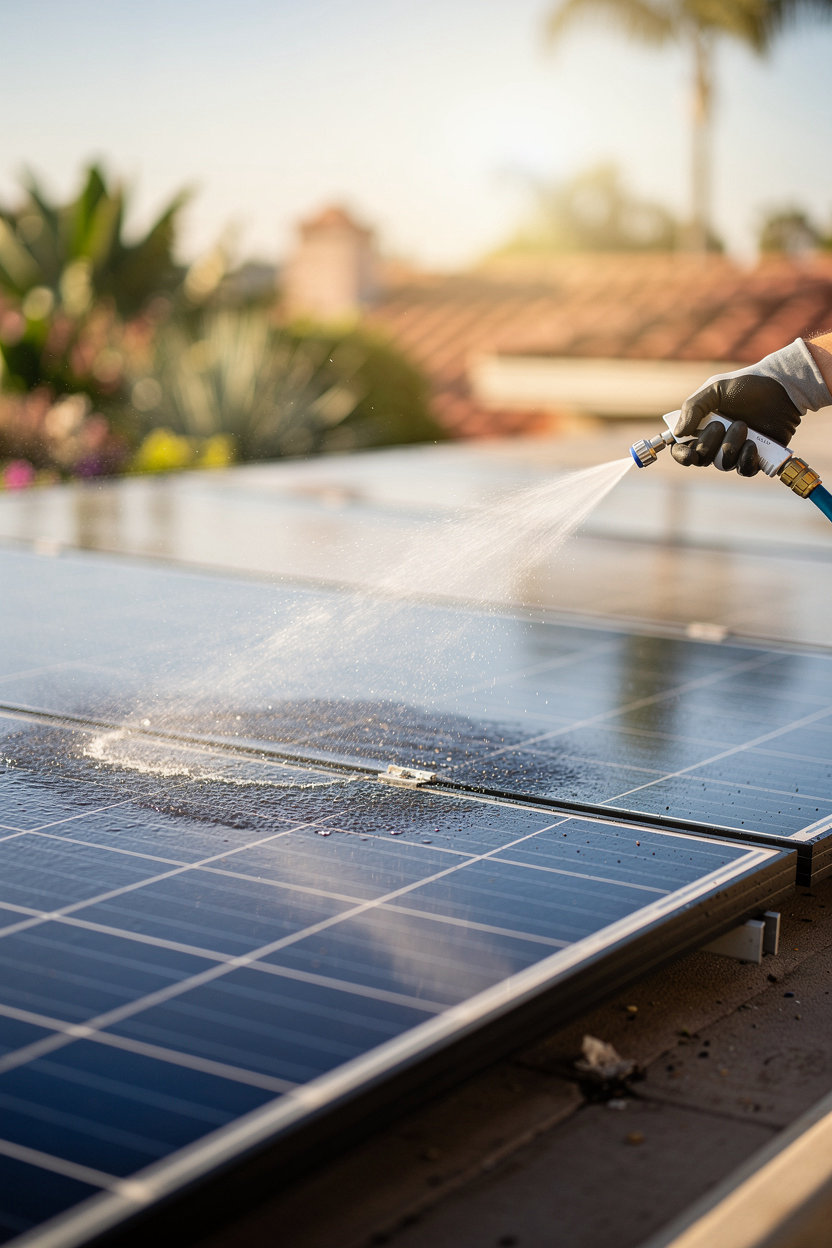 SoCal Solar CleanPros rinsing a solar panel with a gentle water spray in San Diego sunlight, eco-friendly solar panel cleaning