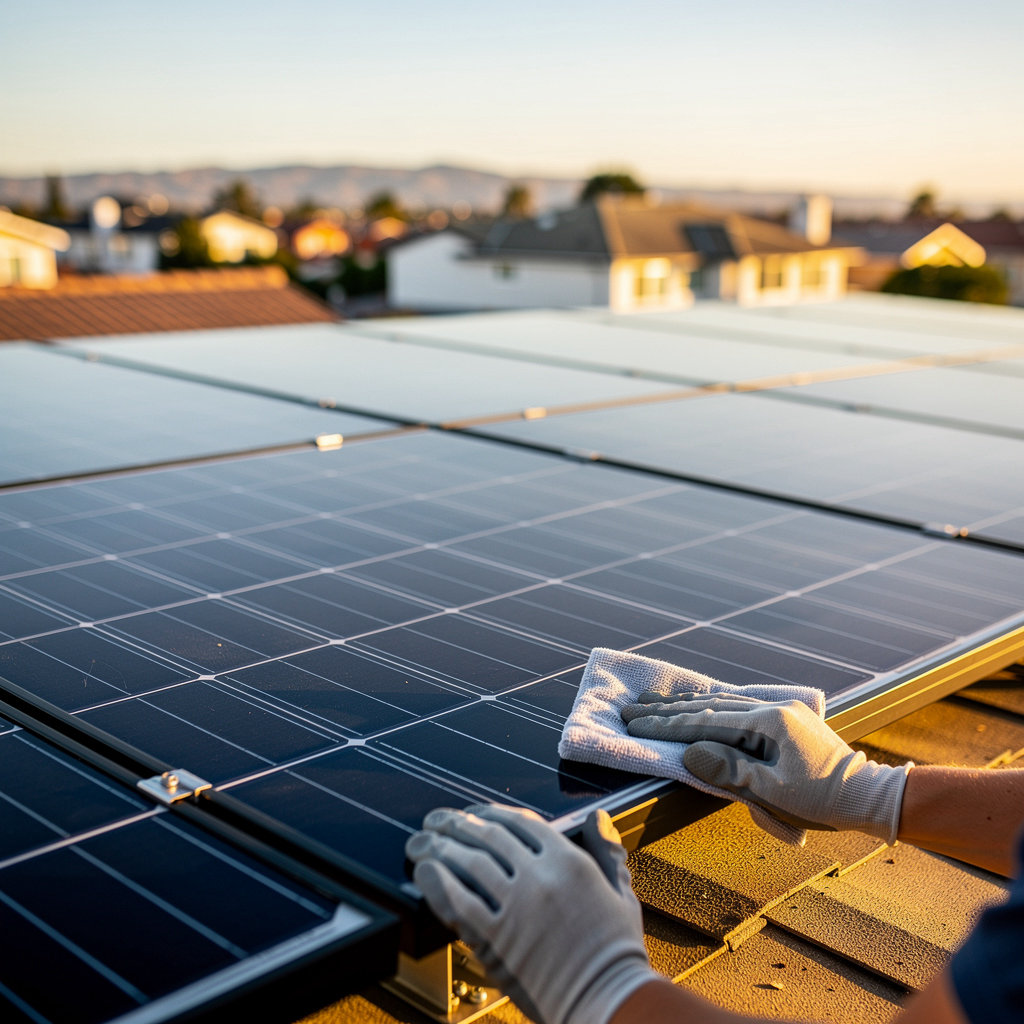 SoCal Solar CleanPros clean rooftop solar array at golden hour in San Diego, ready for eco-friendly solar panel cleaning