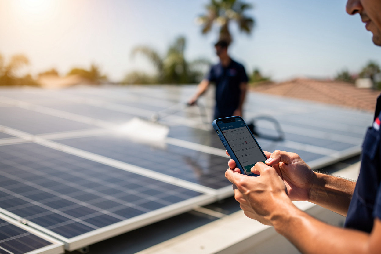 SoCal Solar CleanPros crew showing clean, gleaming solar panels on a San Diego rooftop after professional cleaning