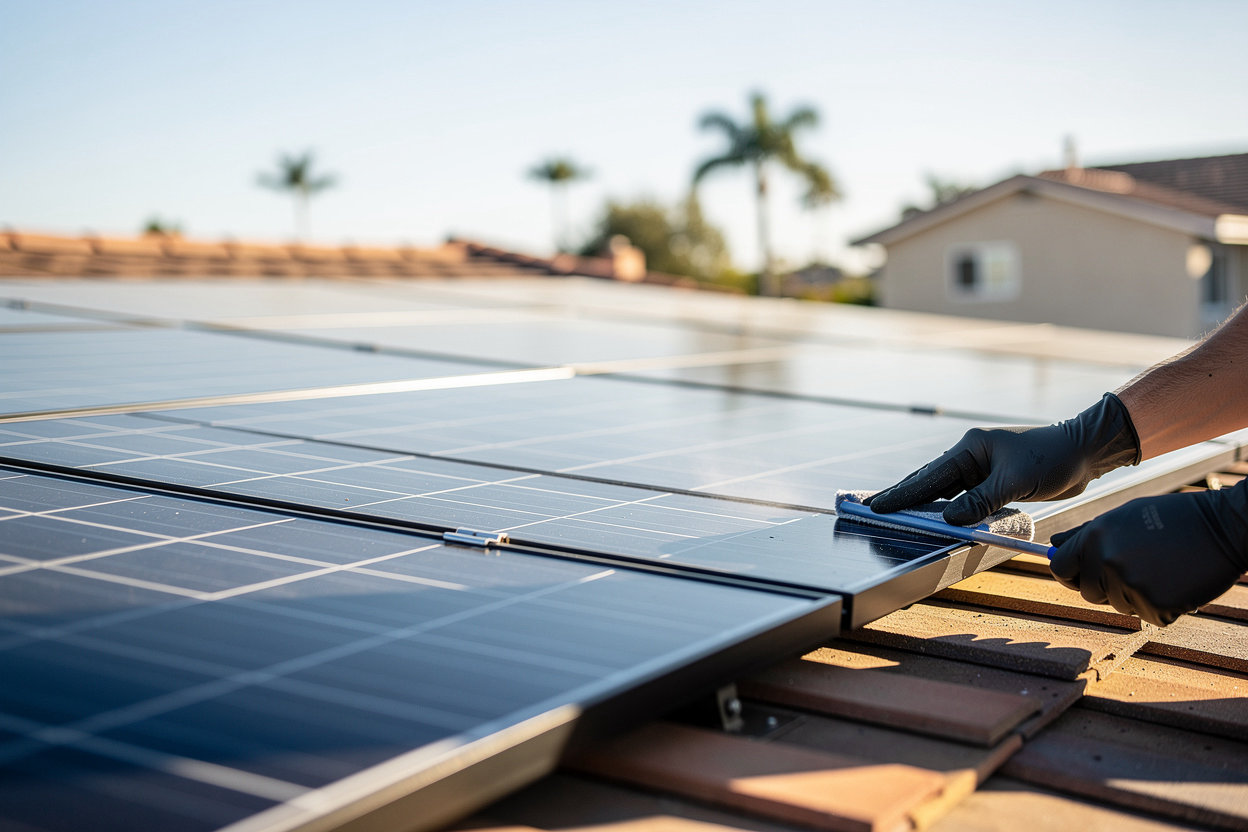 SoCal Solar CleanPros San Diego solar panel cleaning, clean solar array in clear daylight showing per-panel pricing for residential systems