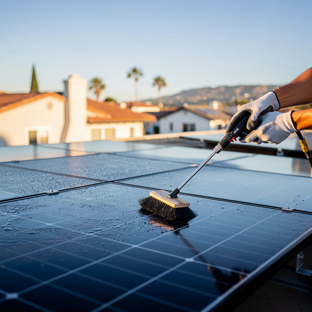 Residential rooftop solar panels in San Diego sunlight after professional cleaning by SoCal Solar CleanPros
