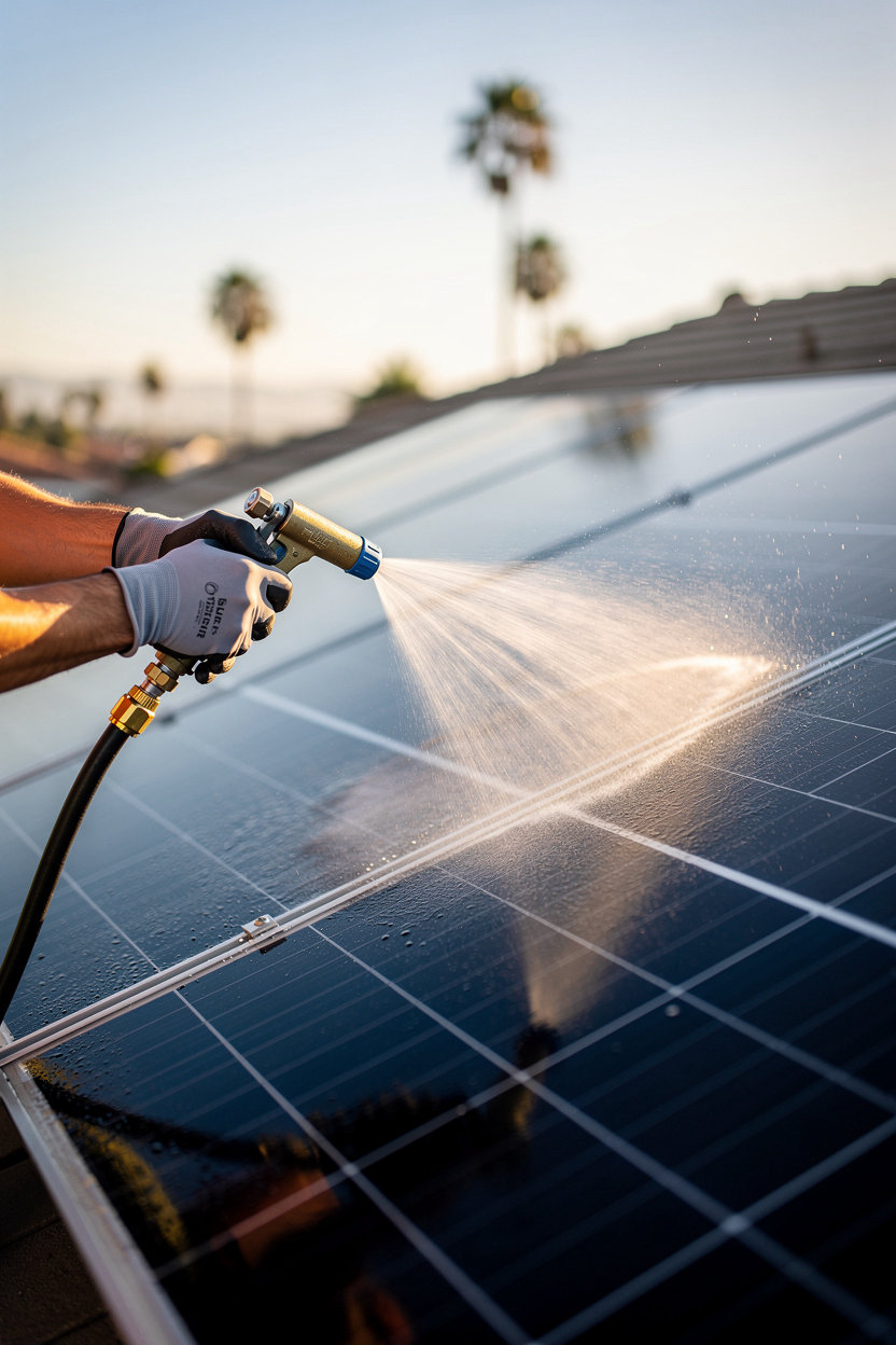 SoCal Solar CleanPros cleaning a solar panel with a soft water spray in warm San Diego daylight
